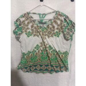 Jason Maxwell Women's XL‎ Green White Medallion Print Top V-Neck Strappy Back